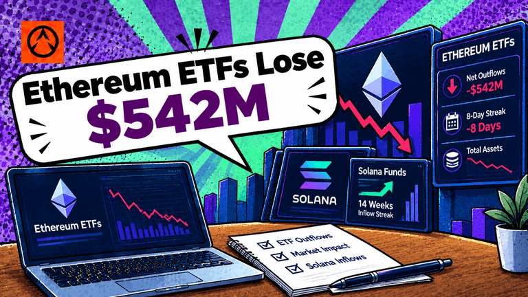 Image for article: Ethereum ETFs Lose $542M as Solana Funds End 14-Week Streak