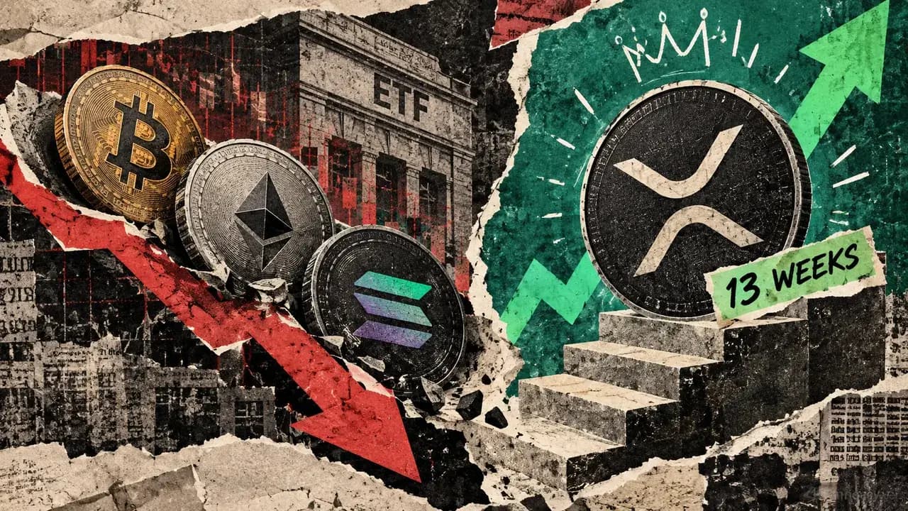 Image for article: XRP ETFs extend a 13-week inflow streak as Bitcoin, Ethereum and Solana funds shed $1.25 billion